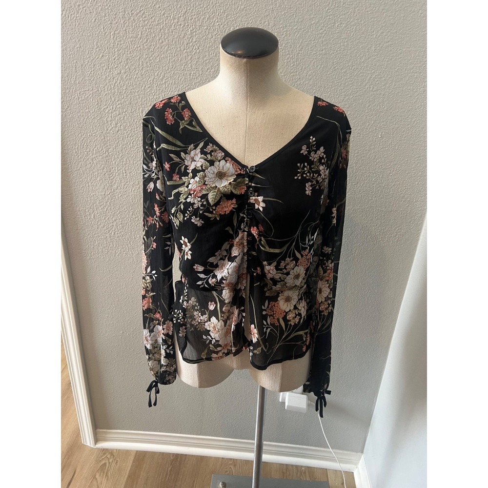 Xhilaration Womens M Black Floral Chiffon Blouse Sheer Long Sleeve Boho Top